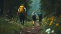Group of People Walking, Hiking, Backpacking, Adventuring in Meadow With Wild Flowers in a Forest With Trees, Plants, Bushes Royalty Free Stock Photo