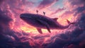 Children on Top of a Whale Flying in a Magical Pink Sky With Clouds at Sunset, Childrens Story, Fantasy Fairytale Fable. Royalty Free Stock Photo