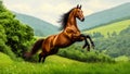 A Majestic Wild Horse Rearing Up in a Green Landscape (Freedom Symbol Metaphor) Royalty Free Stock Photo