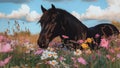 A Beautiful Black Horse in a Green Lawn in a Meadow With Wild Colorful Flowers Royalty Free Stock Photo