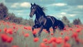 A Beautiful Black Horse in a Green Lawn in a Meadow With Wild Red Roses Royalty Free Stock Photo