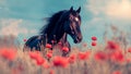 A Beautiful Black Horse in a Green Lawn in a Meadow With Wild Red Roses Royalty Free Stock Photo