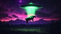 A Spaceship UFO Abducting a Cow in a Pasture in a Farm Using a Glowing Neon Green Tractor Beam Royalty Free Stock Photo