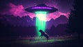 A Spaceship UFO Abducting a Cow in a Pasture in a Farm Using a Glowing Neon Green Tractor Beam Royalty Free Stock Photo