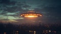 A Glowing UFO, UAP, Flying Saucer Flying Above a City at Night Royalty Free Stock Photo