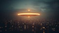 A Glowing UFO, UAP, Flying Saucer Flying Above a City at Night Royalty Free Stock Photo