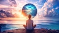 A Woman Meditating in Peace Opening a Quantum Universe Bubble Portal Wormhole With The Power of Her Mind Royalty Free Stock Photo