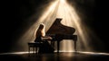 A Woman Playing Soft and Soothing Classical Music in a Traditional Black Piano Under a Spotlight on Stage Royalty Free Stock Photo