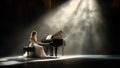A Woman Playing Soft and Soothing Classical Music in a Traditional Black Piano Under a Spotlight on Stage Royalty Free Stock Photo