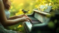 A Woman Playing a Traditional Piano Keyboard in a Green Nature Background With a Cute Bird Royalty Free Stock Photo