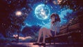 A Cute Anime Girl Listening to Music Sitting on a Bench at a Park at Night Under a Starry Sky With a Full Moon Royalty Free Stock Photo