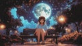 A Cute Anime Girl Listening to Music Sitting on a Bench at a Park at Night Under a Starry Sky With a Full Moon Royalty Free Stock Photo