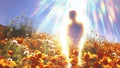 An Enlightened Higher Dimensional Light Being Shifted Into Human Form Walking on a Meadow at Daylight Royalty Free Stock Photo