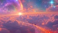 After Death Cosmic Paradise Heaven Realm on Top of Fluffy White Clouds With a Dreamy Ethereal Rainbow Royalty Free Stock Photo