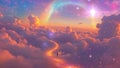 After Death Cosmic Paradise Heaven Realm on Top of Fluffy White Clouds With a Dreamy Ethereal Rainbow Royalty Free Stock Photo