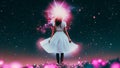 A Starseed Girl Wearing a Dress in a Dreamy Ethereal Cosmic Background With a Glowing Pink Galaxy Royalty Free Stock Photo