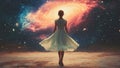 A Starseed Girl Wearing a Dress in a Dreamy Ethereal Cosmic Background With a Glowing Pink Galaxy Royalty Free Stock Photo