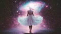 A Starseed Girl Wearing a Dress in a Dreamy Ethereal Cosmic Background With a Glowing Pink Galaxy Royalty Free Stock Photo