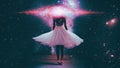 A Starseed Girl Wearing a Dress in a Dreamy Ethereal Cosmic Background With a Glowing Pink Galaxy Royalty Free Stock Photo