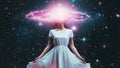 A Starseed Girl Wearing a Dress in a Dreamy Ethereal Cosmic Background With a Glowing Pink Galaxy Royalty Free Stock Photo