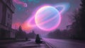 A Pink and Lilac Planet With Rings in Pastel Colors Over a Fantasy City Background Royalty Free Stock Photo
