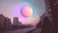 A Pink and Lilac Planet With Rings in Pastel Colors Over a Fantasy City Background Royalty Free Stock Photo