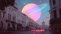 A Pink and Lilac Planet With Rings in Pastel Colors Over a Fantasy City Background Royalty Free Stock Photo