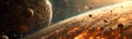 Stunning cosmic landscape with planets, asteroids, and a fiery atmosphere. ideal for science fiction backgrounds