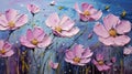 Stunning Cosmos Art: Pink Flowers On Blue Ground