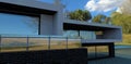 Stunning cozy villa in the tropics. Glass railing on a large balcony. Black brick wall finish. Palm trees in the background. 3d