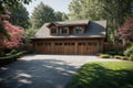 Beautiful custom built craftsman style home three car garage with wooden doors lush landscaping with spring foliage