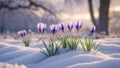 Stunning Crocus Blooms Emerging from Snow in Soft Morning Light Royalty Free Stock Photo