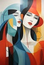 Cubist elegance in a dual feminine portrayal. AI generation