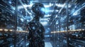 Cybernetic humanoid with bright blue core in a data center futuristic environment science fiction concept Royalty Free Stock Photo