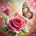 3D Rose Flower and Butterfly Background Amazing Design Royalty Free Stock Photo