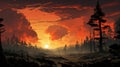 Apocalyptic Sunset In A Detailed Forest: Hd Illustration