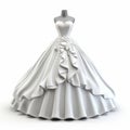 Elegant 3d White Wedding Dress With Ruffles On White Background