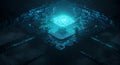 Blue energy pulses radiate from the central CPU grid Royalty Free Stock Photo