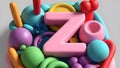 3D Render of Letter \'Z\' Surrounded by Playful Colorful Objects in a Stylized, Clay-Like Texture Royalty Free Stock Photo