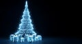 Stunning 3D render of a futuristic holographic Christmas tree made of blue binary code floating in a deep dark virtual reality spa Royalty Free Stock Photo
