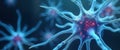 Stunning 3D render of nerve cells. Microscopic view of complex neuron network. Intricate connections, energy flow. Illustrates