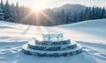 Winter scene of a glass podium stage for product placement in snowy landscape with a bright sun illuminating the setting and Royalty Free Stock Photo