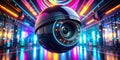 Futuristic Black Sphere Security Camera Against a Vibrant Colorful Background A 3D Render Showcase of Modern Royalty Free Stock Photo