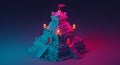 Vibrant voxel castle bathed in neon synthwave glow Royalty Free Stock Photo