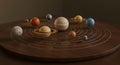 Stunning 3D Render of the Solar System on a Walnut Wood Orrey: A Celestial Tabletop Model Showcasing Planets and Orbits Royalty Free Stock Photo