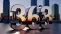 363 Chrome Numbers Reflecting Sunset on City Skyline Background - 3D Render Royalty Free Stock Photo