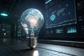Generative AI 3D Futuristic Blue Light Bulb with Glowing Effect. Royalty Free Stock Photo