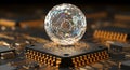 Quantum sphere hovers over advanced microchip Royalty Free Stock Photo