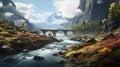 8k Fantasy Landscape: Majestic Waterfall And Bridge In Mountainous Vistas