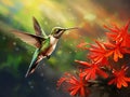 Stunning Dance: Hummingbird Mid-Flight Amidst Radiant Red Blossoms